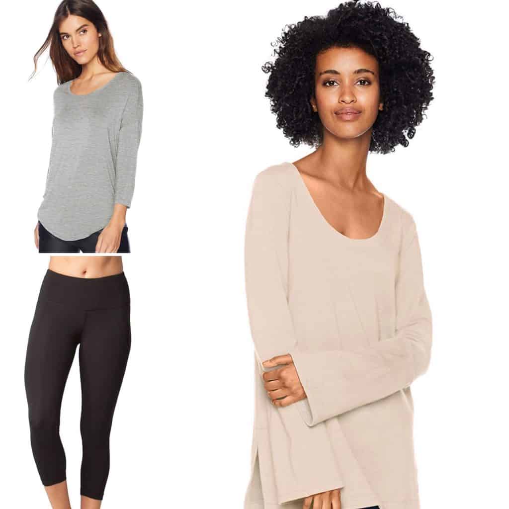 A collage of clothes from Amazon; a long-sleeve heather gray tunic, a long sleeve creme tunic, and capri-length leggings.