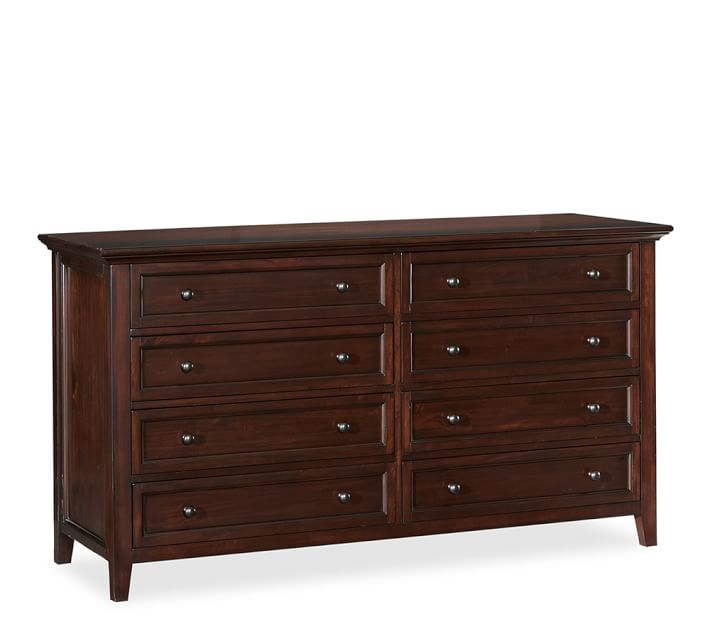 Dark chestnut wood finished Pottery Barn 8 drawer dresser.