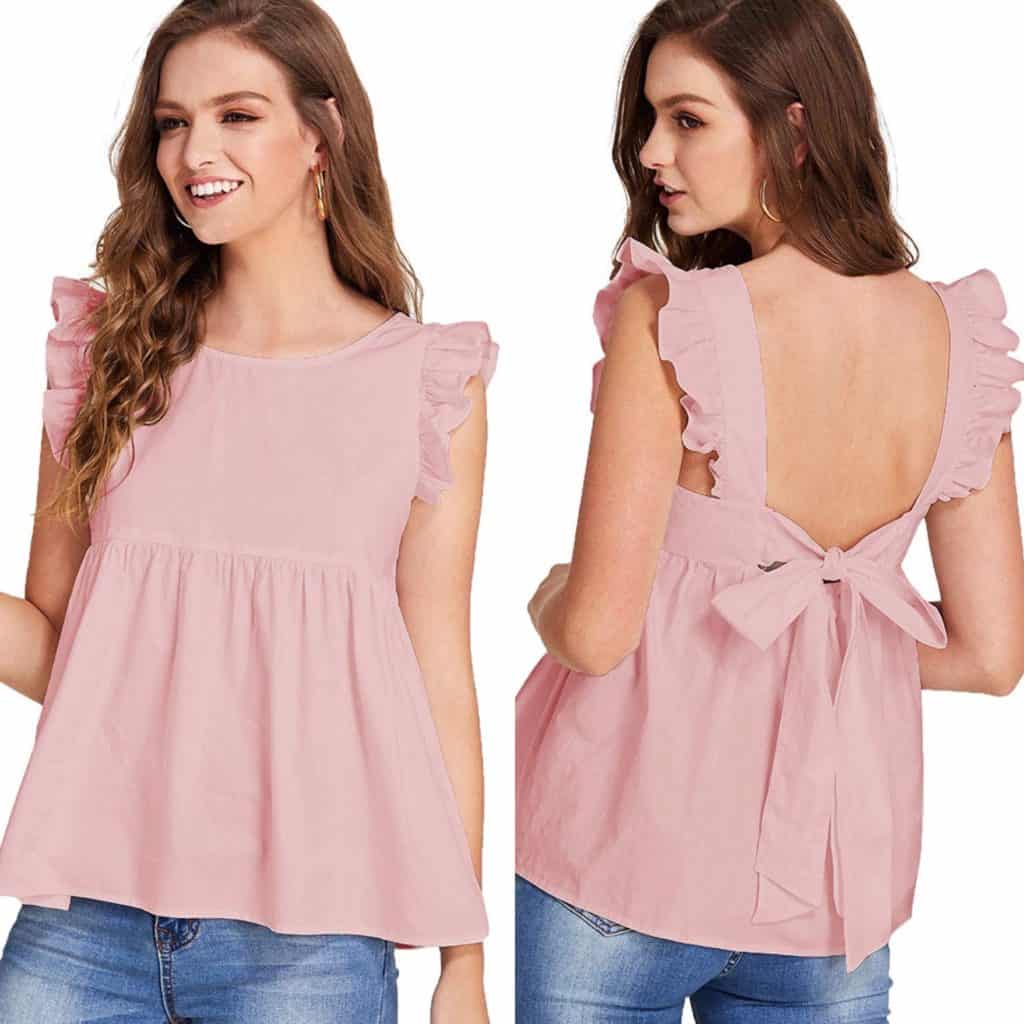 A model wearing a cute pink frilly sleeveless tank top with ruffles on the sleeves; the back of the top is low cut tied with a simple bow.