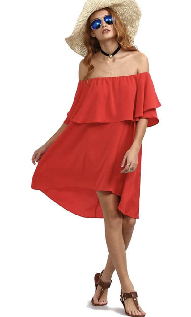 A model wearing a strapless off-the-shoulder ruffle dress with an a-line knee-length skirt.