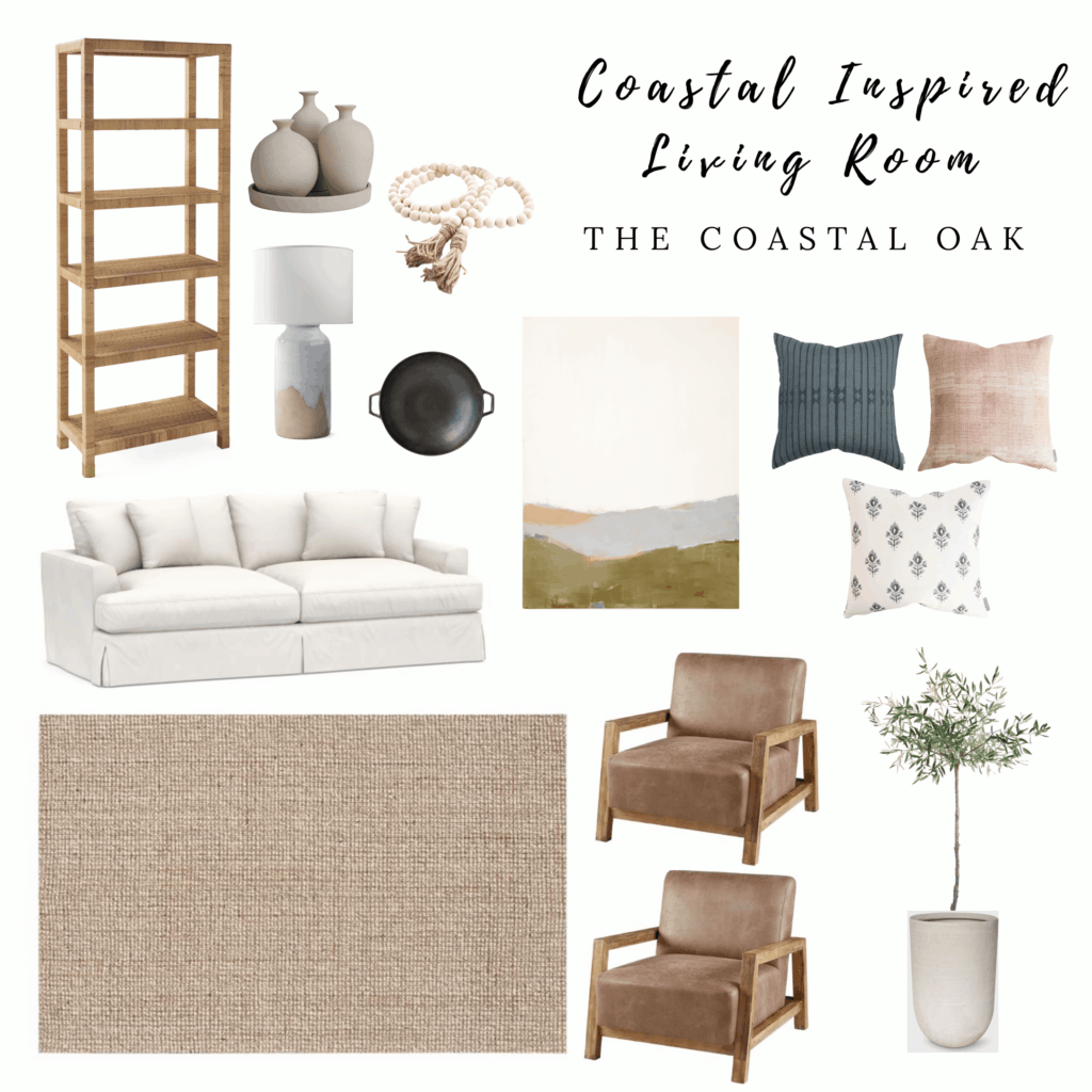 This Coastal Inspired Living Room is focused on neutral tones, with neutral furniture options, a tan area rug, patterned throw pillows and abstract wall art.