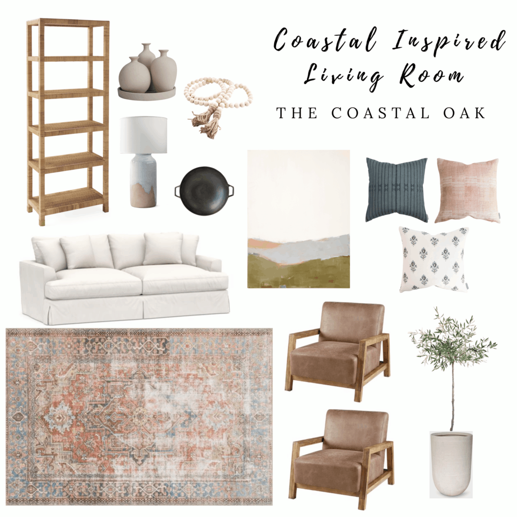 This Coastal Inspired Living Room mood board has a theme of earth tones - neutral chairs, abstract landscape artwork, plants, rugs, and more in neutral tones.