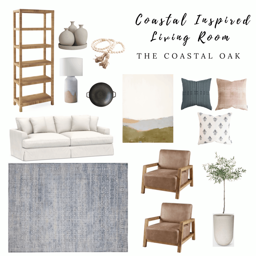 This Coastal Inspired Living Room centers around blue tones - a light blue rug is the focal point with neutral furniture choices and accents like plants, pillows, and art work.