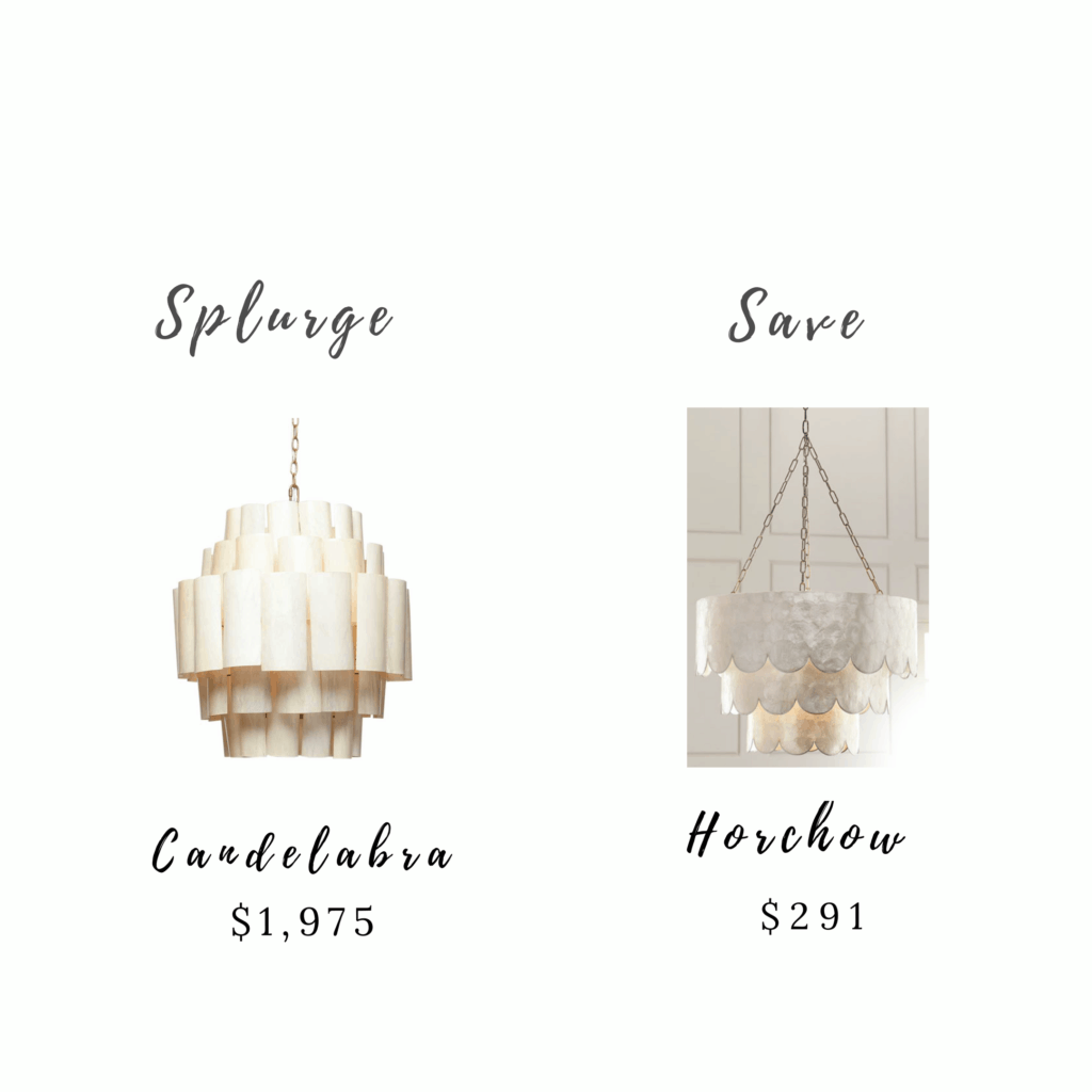 Two chandeliers side by side. The fixture on the left has layered banana wood sheets and costs $1,975. The fixture on the right has layered caniz shells and costs $291.