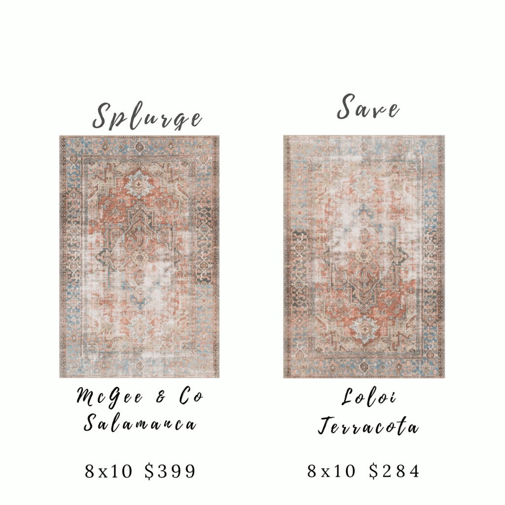 Coastal Inspired Living Room Area Rugs - two identical rugs, both with earth tones and a similar intricate designs. These earth-toned rugs pair perfectly with a neutral living room.