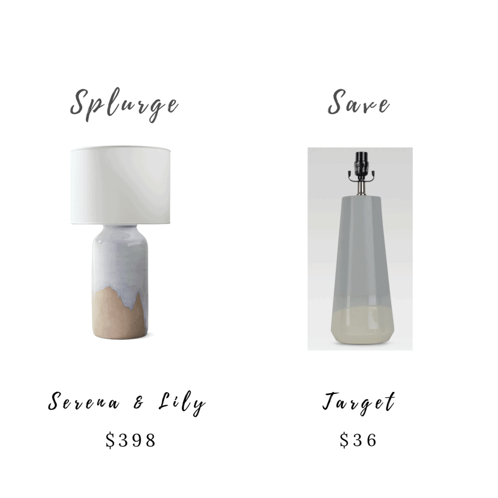 Coastal Inspired Living Room Art & Accessories - these two-toned lamps are both perfect for earth-toned themed rooms. The Serena & Lily lamp costs $398 and the Target lamp is only $36.