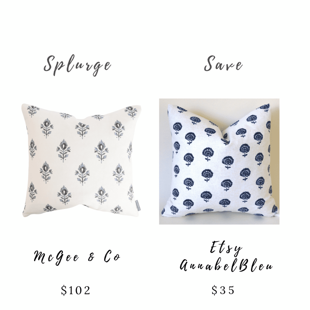 Coastal Inspired Living Room Art & Accessories - these throw pillows both feature a similar abstract feather print in similar navy blue colors. The McGee & Co. pillow costs $102 while the Annabel Bleu pillow from Etsy costs only $35