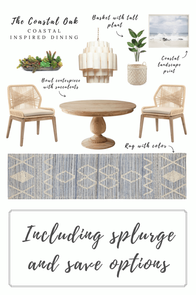 Decorate a Coastal Style Dining Room with this Splurge and Save collection! Find the best luxury and affordable versions of this dining room furniture, from art prints, tables, chairs, rugs, and more.