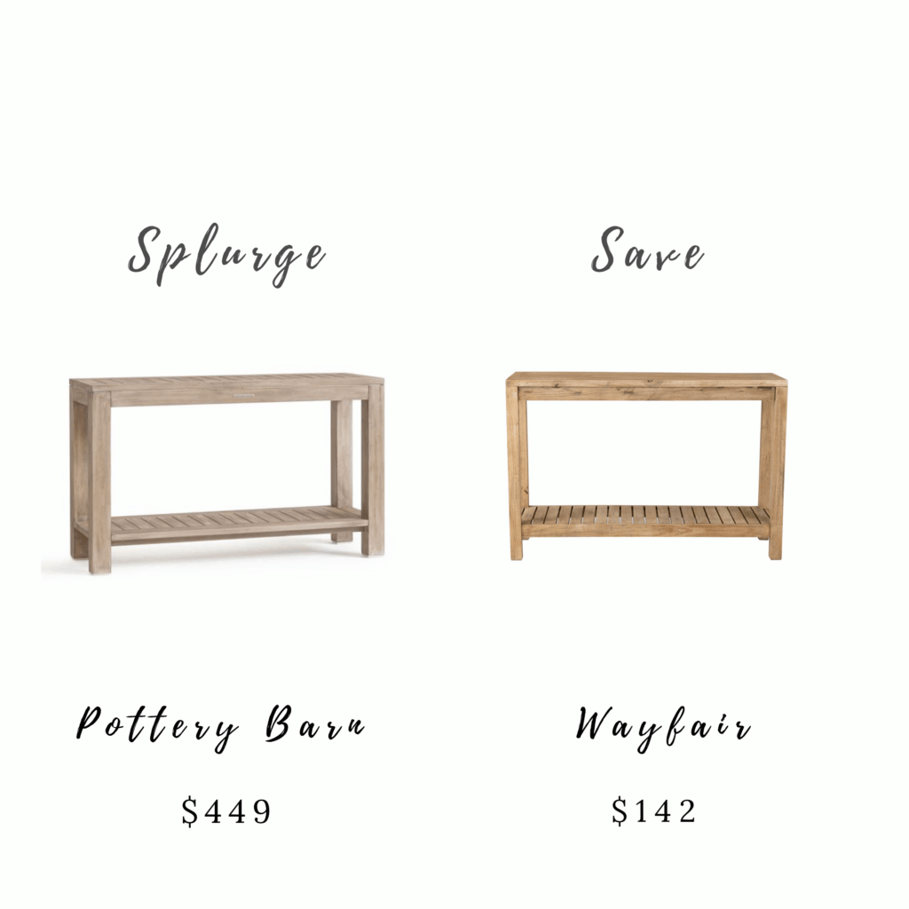 Splurge and Save Coastal Inspired Foyer Decor - foyer tables from Pottery Barn and Wayfair. These foyer tables both have a lower shelf. The Pottery Barn table is a neutral, natural wood table that costs $499; the Wayfair table is a bright natural wood table that costs $142.