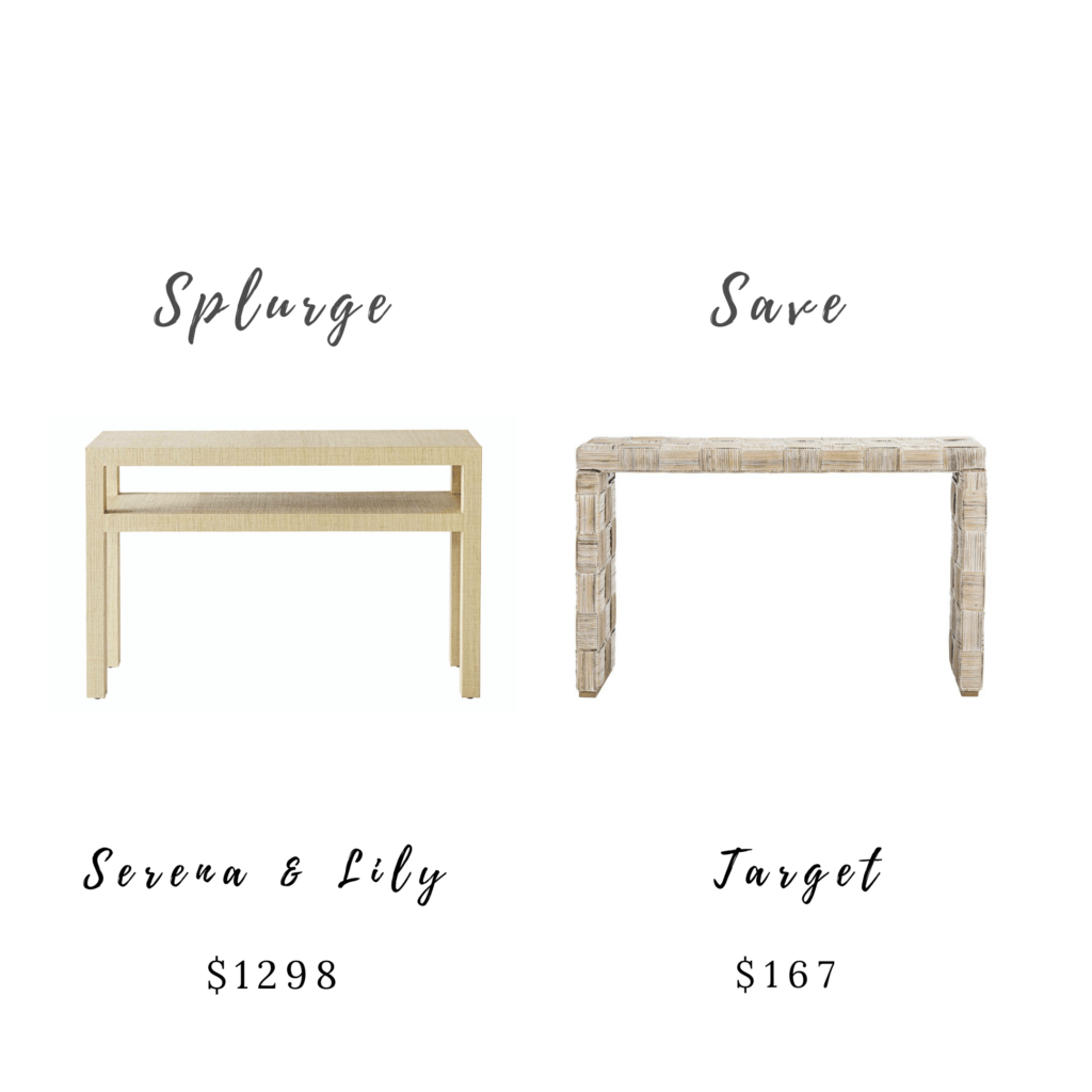 Splurge and Save Coastal Inspired Foyer Decor - foyer tables from Serena & Lily and Target. Both foyer tables are neutral brown; the table on the left costs $1298 and the table on the right, from Target, costs $167.