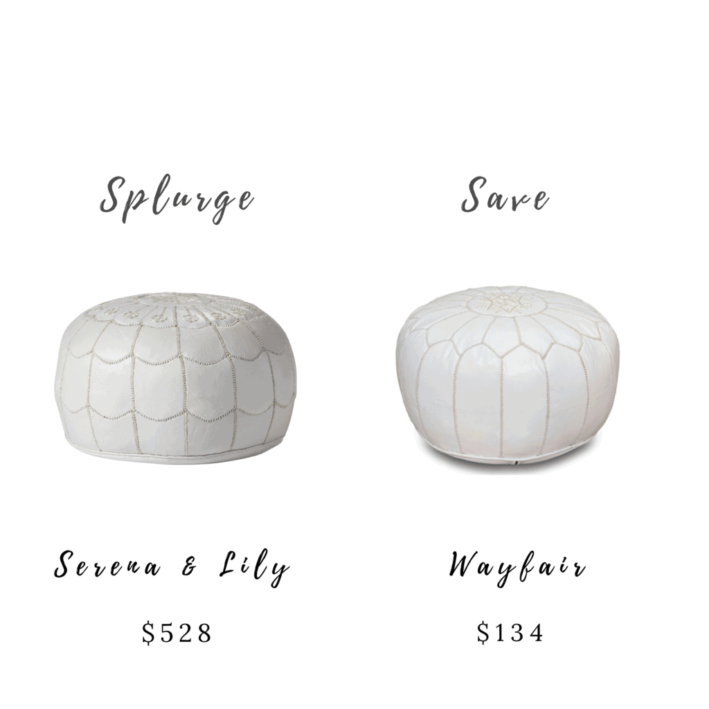 Splurge and Save Coastal Inspired Foyer Decor - pouf cushions; both cushions are white with an embroidered pattern. The Serena & Lily pouf costs $528 and the Wayfair pouf costs $134.