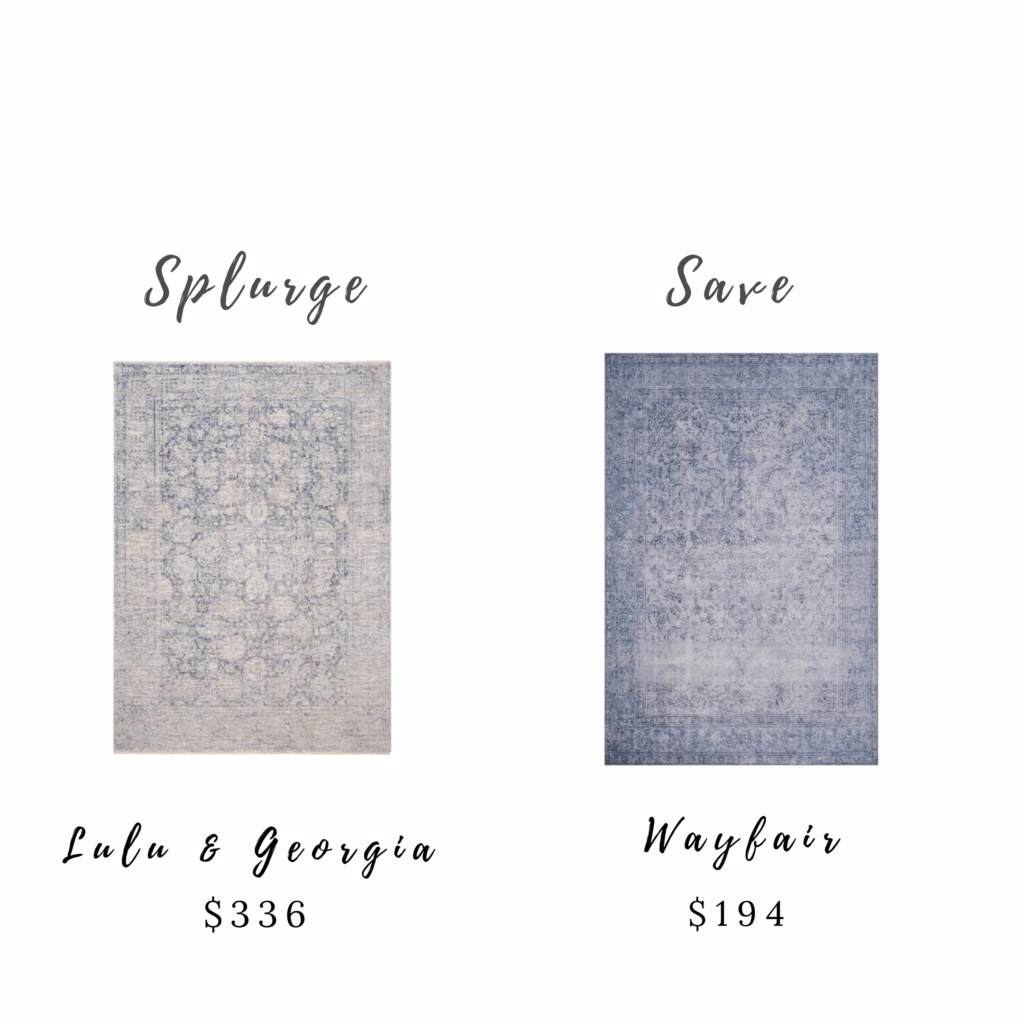 Splurge and Save Coastal Inspired Foyer Decor - area rugs: these two area rugs have similar designs and color pallets, both gray-blue with faded designs. The Lula & Georgia rug costs $336 and the Wayfair area rug costs $194.