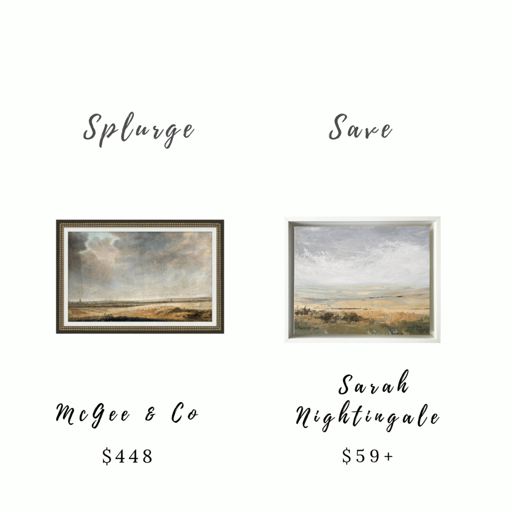 Splurge and Save Coastal Inspired Foyer Decor - wall art: these similar landscape prints are at two different price points. The first print from McGee & Co costs $448 and the second print from Sarah Nightingale costs $59