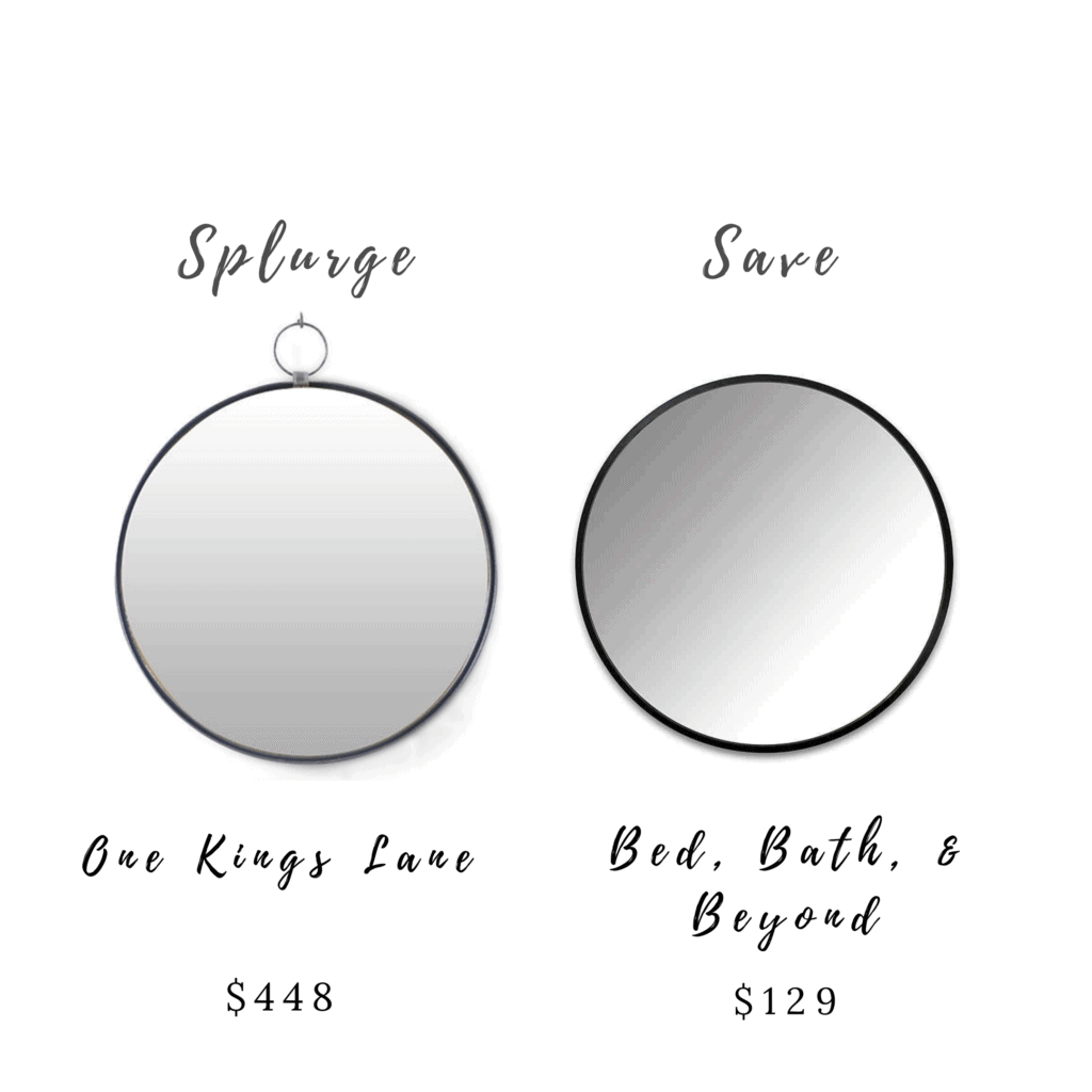 Splurge and Save Coastal Inspired Foyer Decor - oversized wall mirrors; these two identical hanging wall mirrors both have round black frames. The first mirror, from One King's Lane, costs $448. The second mirror from Bed, Bath & Beyond costs $129.