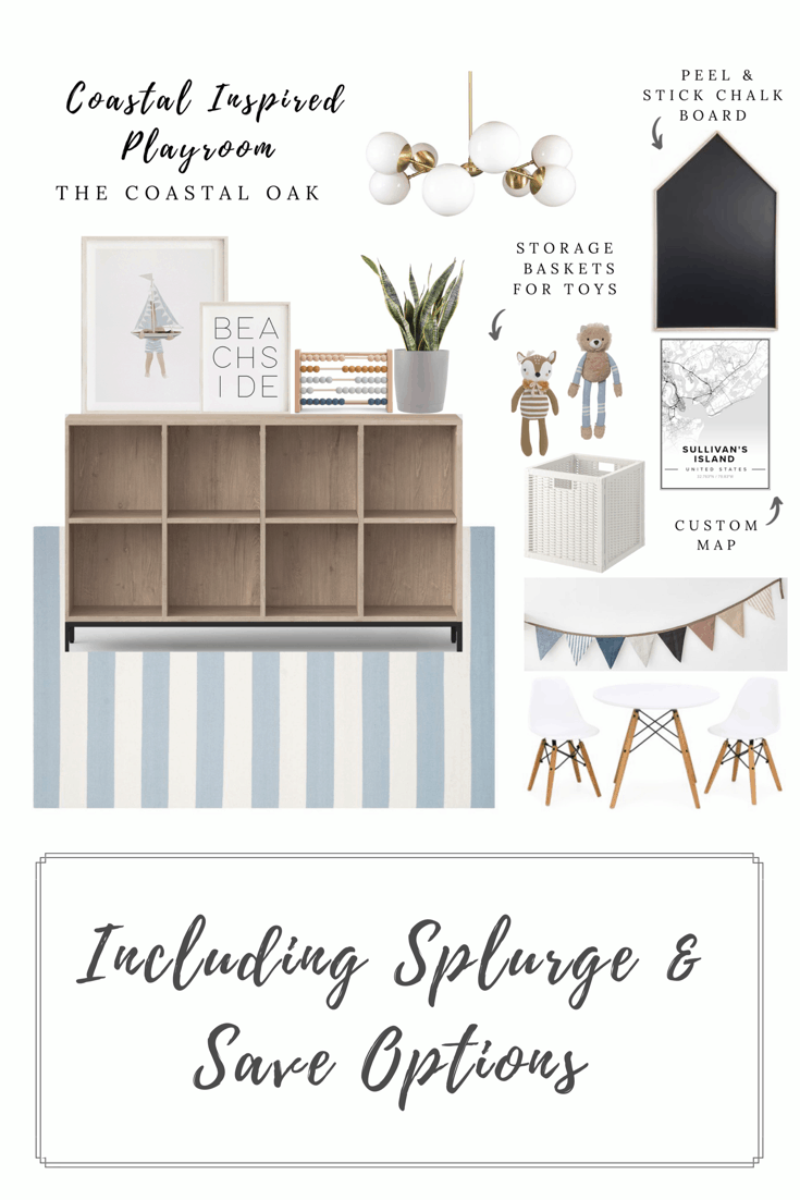 A collage of coastal inspired playroom decor including furniture, wall art, lighting, and storage for toys.