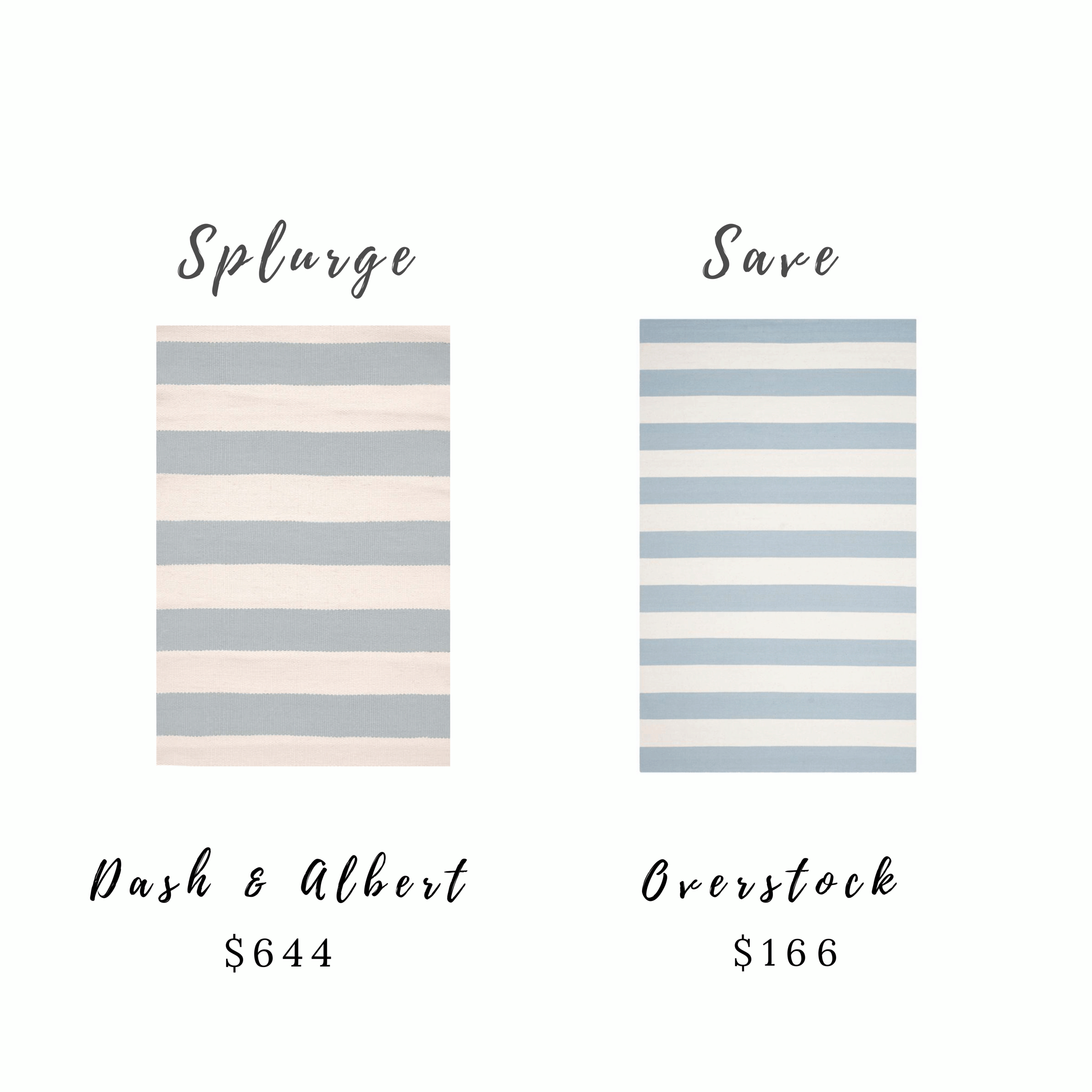 Two rugs side by side, both with light blue and white horizontal stripes.