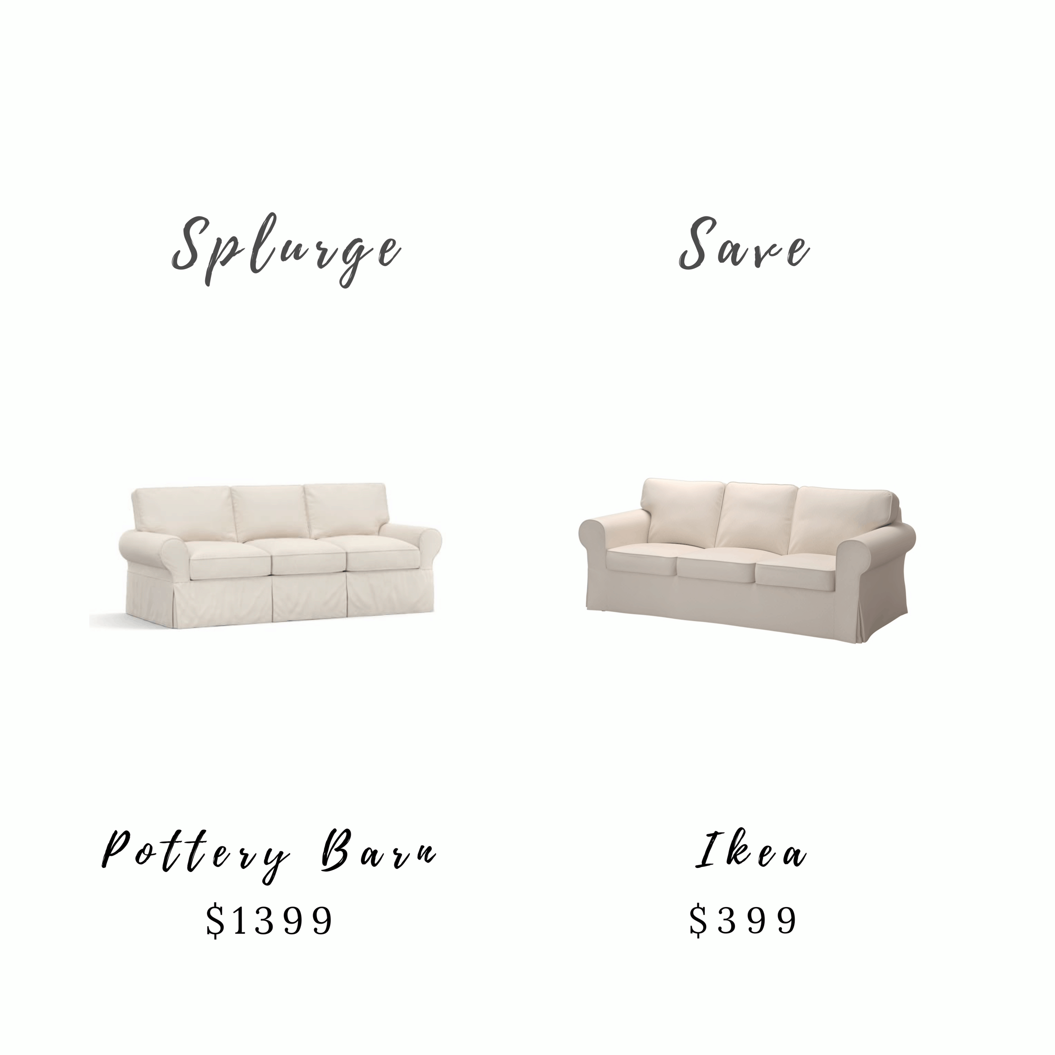 Two cream white 3-cushion sofas side by side. The sofa on the left is from Pottery Barn and costs $1399; the second sofa is from Ikea and costs only $399.