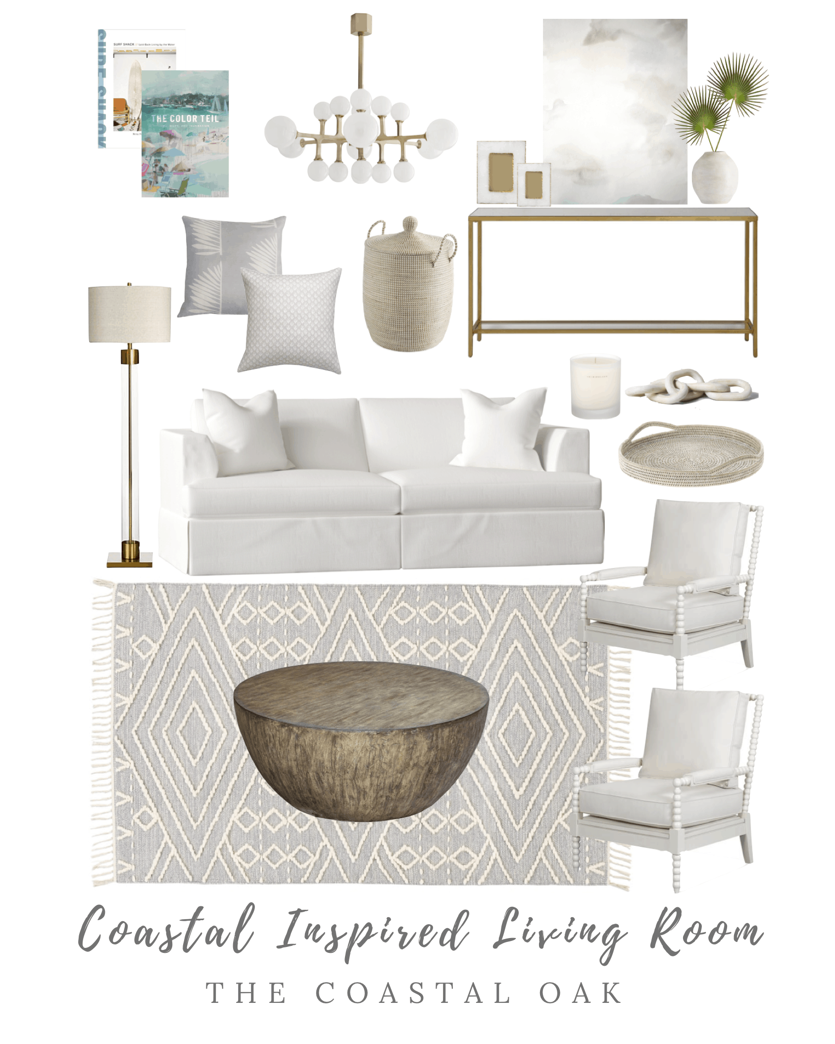 Coastal living room decor using a textured grey rug with neutral furniture and fine art prints. #coastaldecor #coastallivingroom #livingroomdecor
