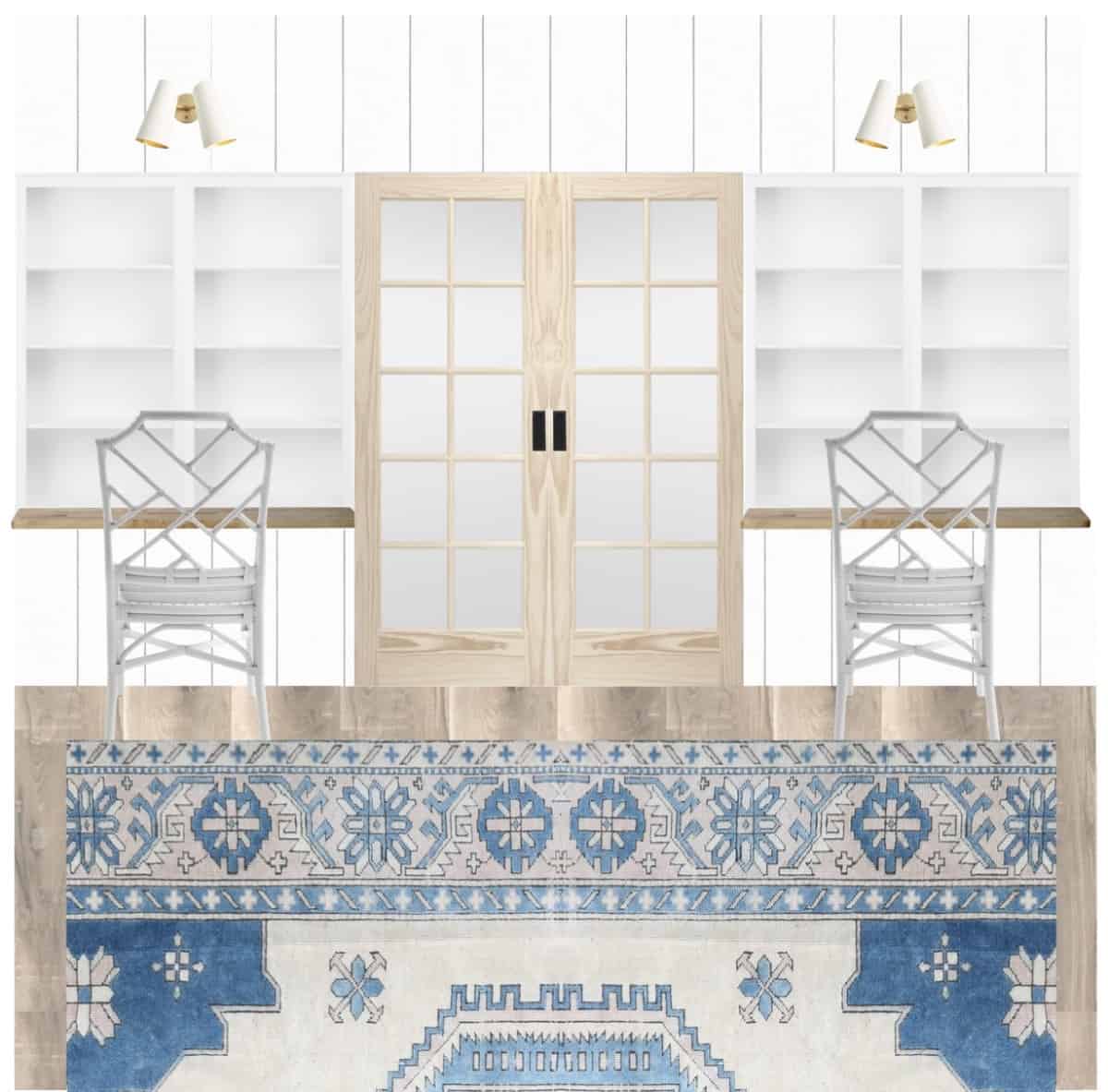 Our home office mood board with coastal style office decor - we love this blue and gray oriental rug paired with white chairs and white built in cabinets. #office #kidsdesks #coastaldeco #coastalhome #builtins #builtindesks