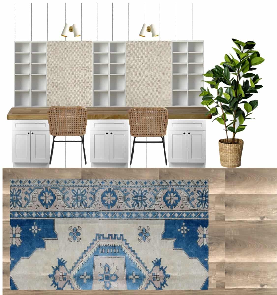 Mood board for our coastal style office that shows the flooring, area rug, and accessories we want to pair with our built-in cabinets. #office #kidsdesks #coastaldeco #coastalhome #builtins #builtindesks