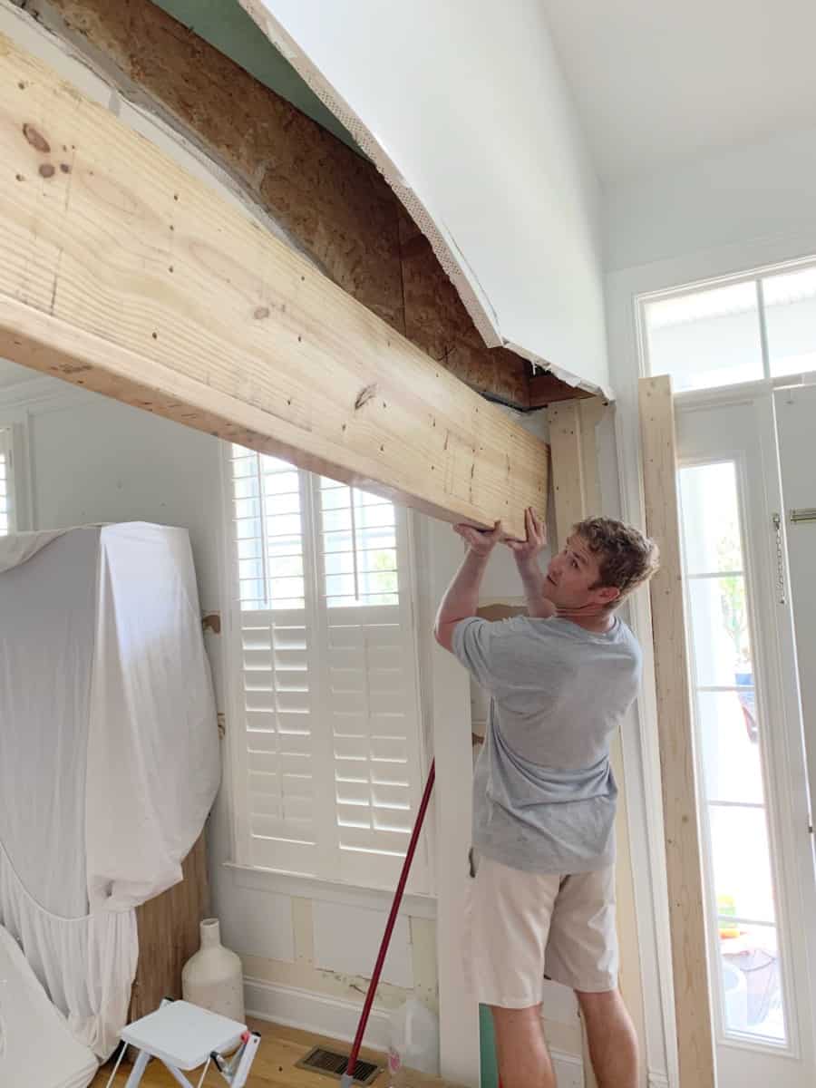 The process of installing a header that will support sliding pocket doors for our home office. #office #kidsdesks #coastaldeco #coastalhome #builtins #builtindesks