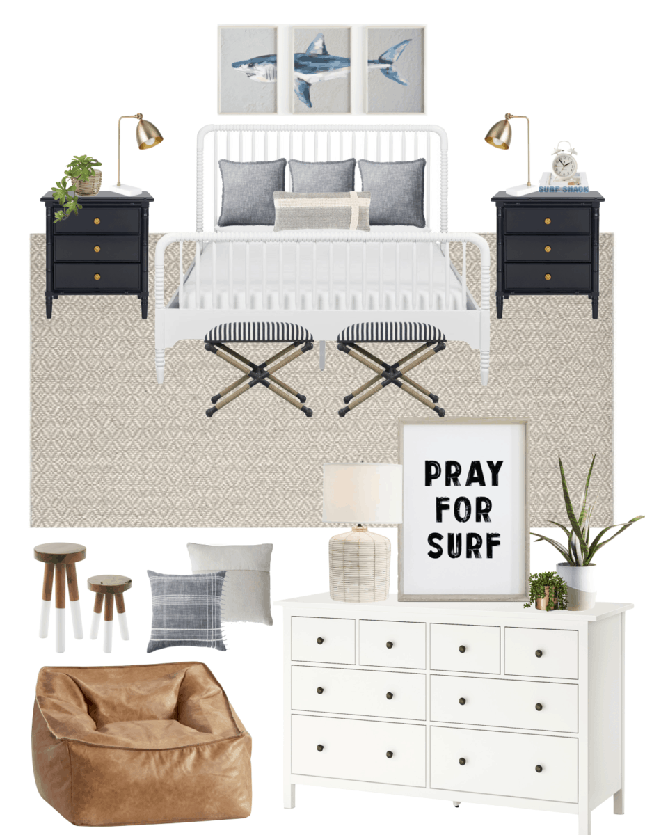 Boys' Coastal Bedroom Mood Board! This coastal inspired bedroom is designed for a young boy, with fun artwork, functional furniture, and neutral colors.