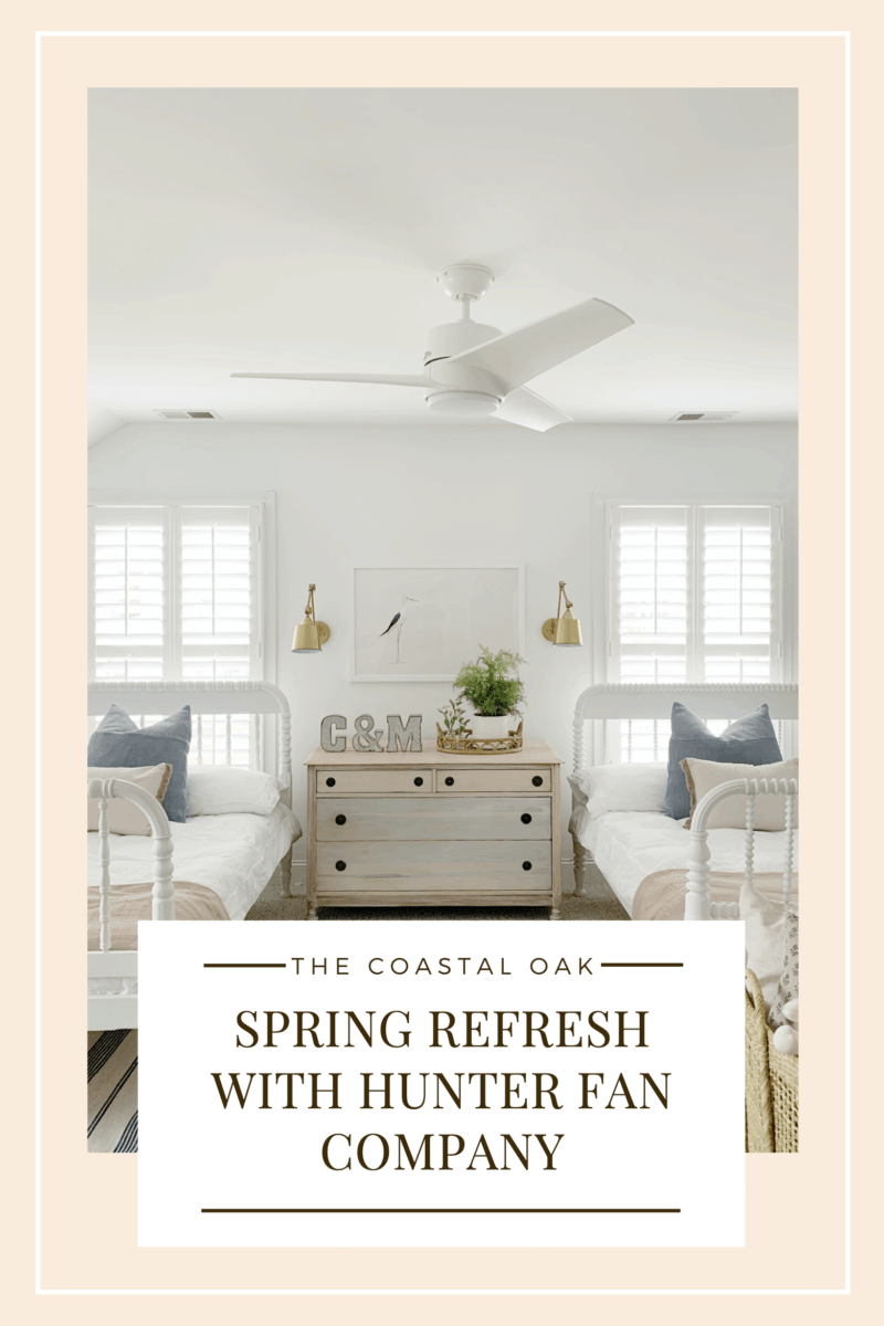 A spring refresh for our shared kids' room with hunter fan company where we replaced our old fan with the new Havoc, three blade white fan. #whitefan #coastalbedroom #kidsroom #sharedroom #hunterfancompany