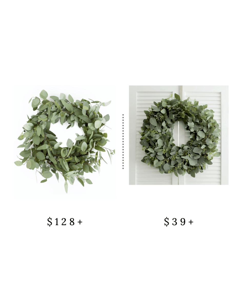 Front Porch Decor - Two Eucalyptus front door wreaths hang side by side. One wreath costs $128, the other wreath costs $39.