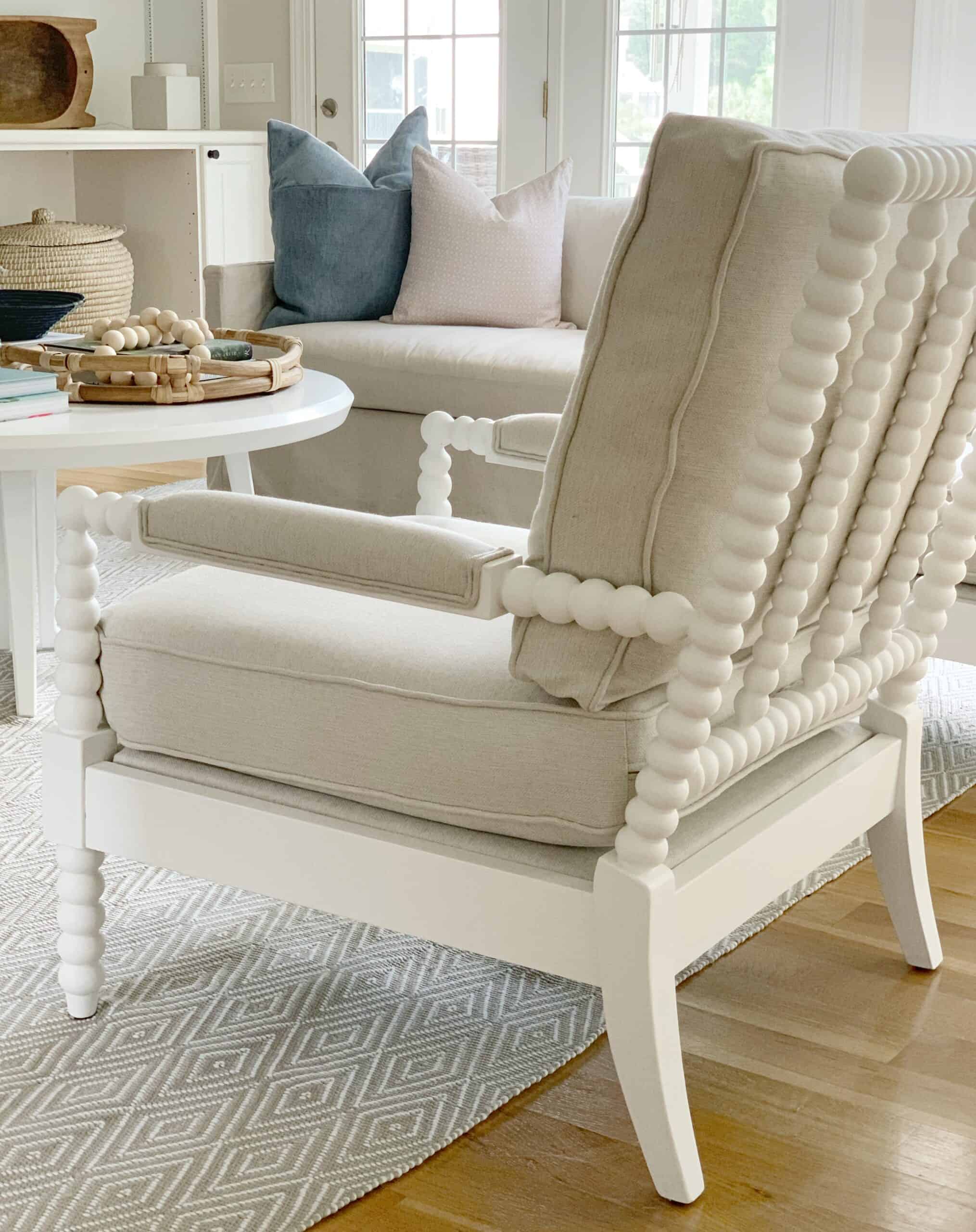 Spindle chair round up with splurge and save options. #coastalhome #coastalliving #spindlechair #spoolchair #accentchair #fusionpaint #fusion #mineralpaint #serenaandlily #birchlane #livingroomfurniture #livingroomchairs