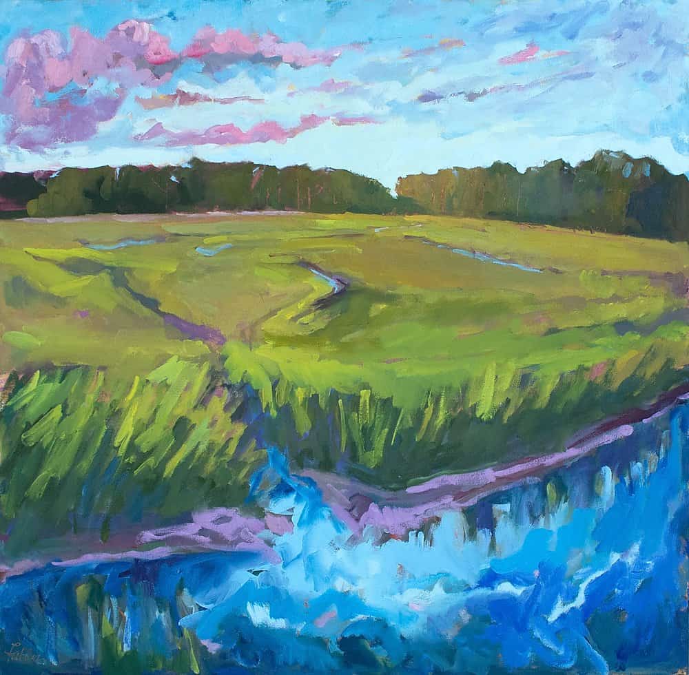 This gorgeous painting is called Awake My Soul by Fallon Peper and depicts a stunning green meadow, forest tree line, and colorful sky along a river.
