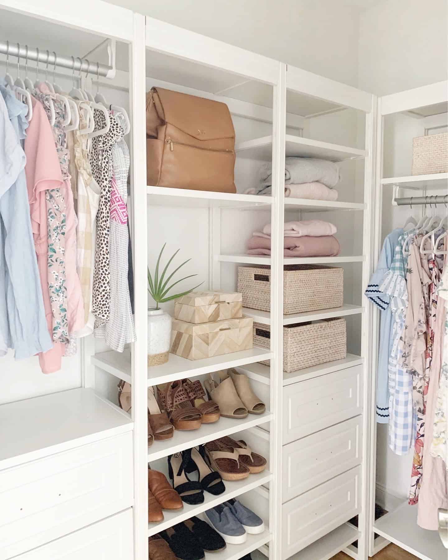 Our new closet organizing system allows for neat and simple closet organization, with plenty of space for hanging clothes, accessory storage, and so much more.