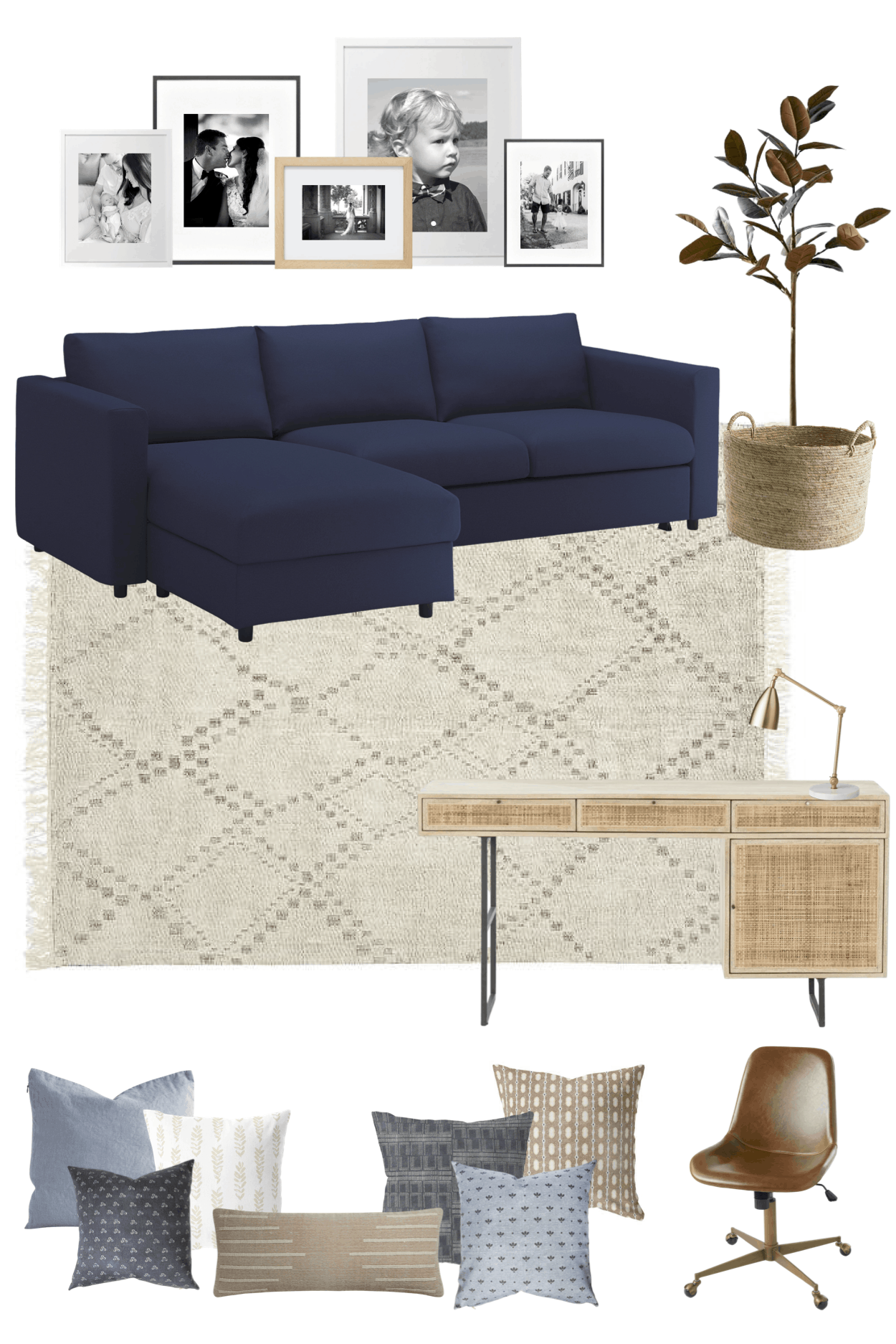A multifunctional office with a sleeper sectional for guests, toy storage closet, and desk for work. #officeorganization #officedecor #office #coastalhome #coastaldecor #multifunctionalroom #potterybarn #canefurniture #canedesk #cane #officefurniture #bluesofa #bluesectional #ikeahack #ikeasofa #finnala #ikeafinnala