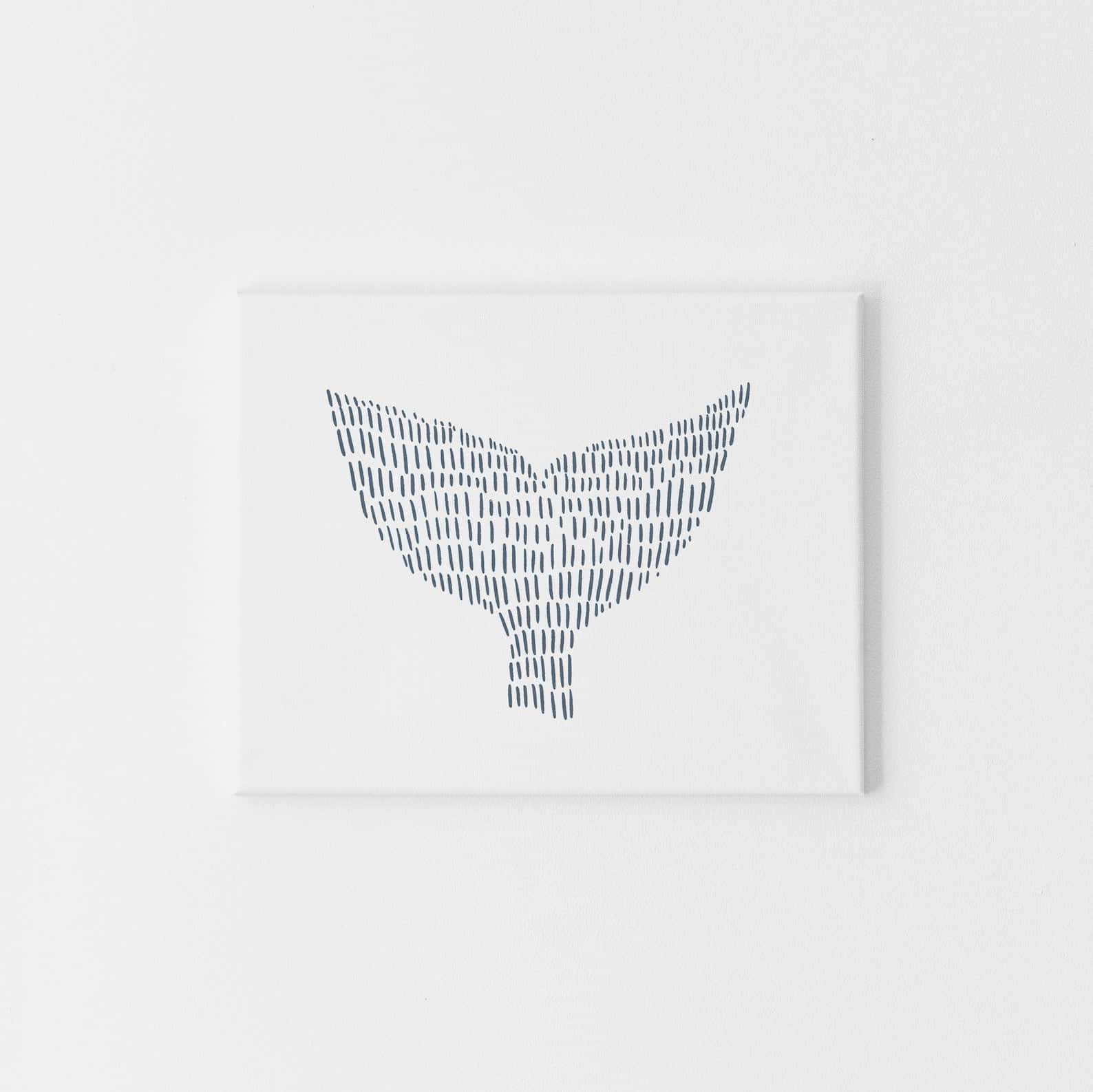 This abstract whale tail art work is composed of short vertical lines to create the shape of a whale tale. This canvas print has no frame and hangs on a white wall.