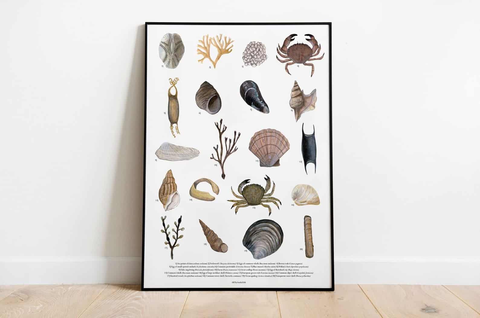 This coastal art print is an educational collection of sea creatures and plants painted in neutral water colors. Seashells, crabs, fish and more make up this kid-friendly art print, framed in a thin black frame.