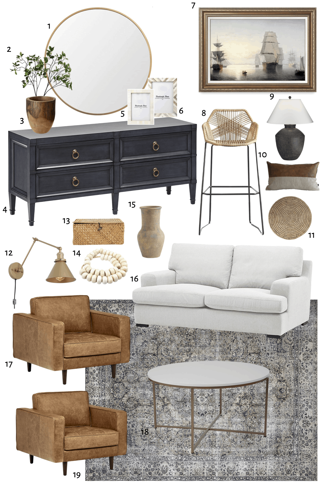 This Amazon Home Decor collection features sleek and modern, minimalist lines for the home. From mirrors to dressers, bar chairs, and rugs. #amazonhome #amazon #coastallivingroom #livingroomdesign #sailboatart #amazonfurniture #blueconsole #loloirug #naturalfiberrug #amazonsofa #whitesofa #coastalhome #coastaldecor
