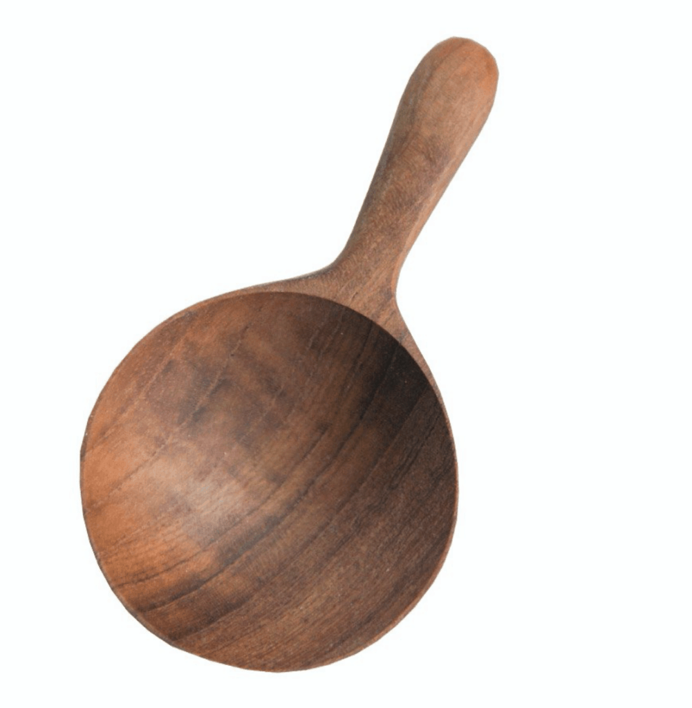 A wooden spoon ornament, made with chestnut colored stained wood.