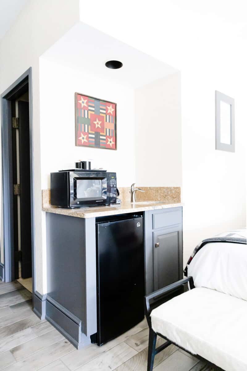 Our hotel room at Chetola Resort in Blowing Rock - the mini fridge and microwave located in our hotel room.