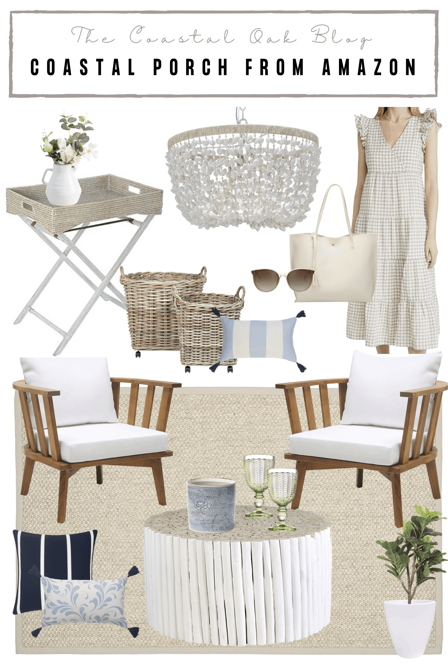 A Coastal Porch Inspiration Mood Board decorated with items from Amazon Home. This coastal porch features wooden arm chairs with white cushions, unique outdoor furniture, and more.