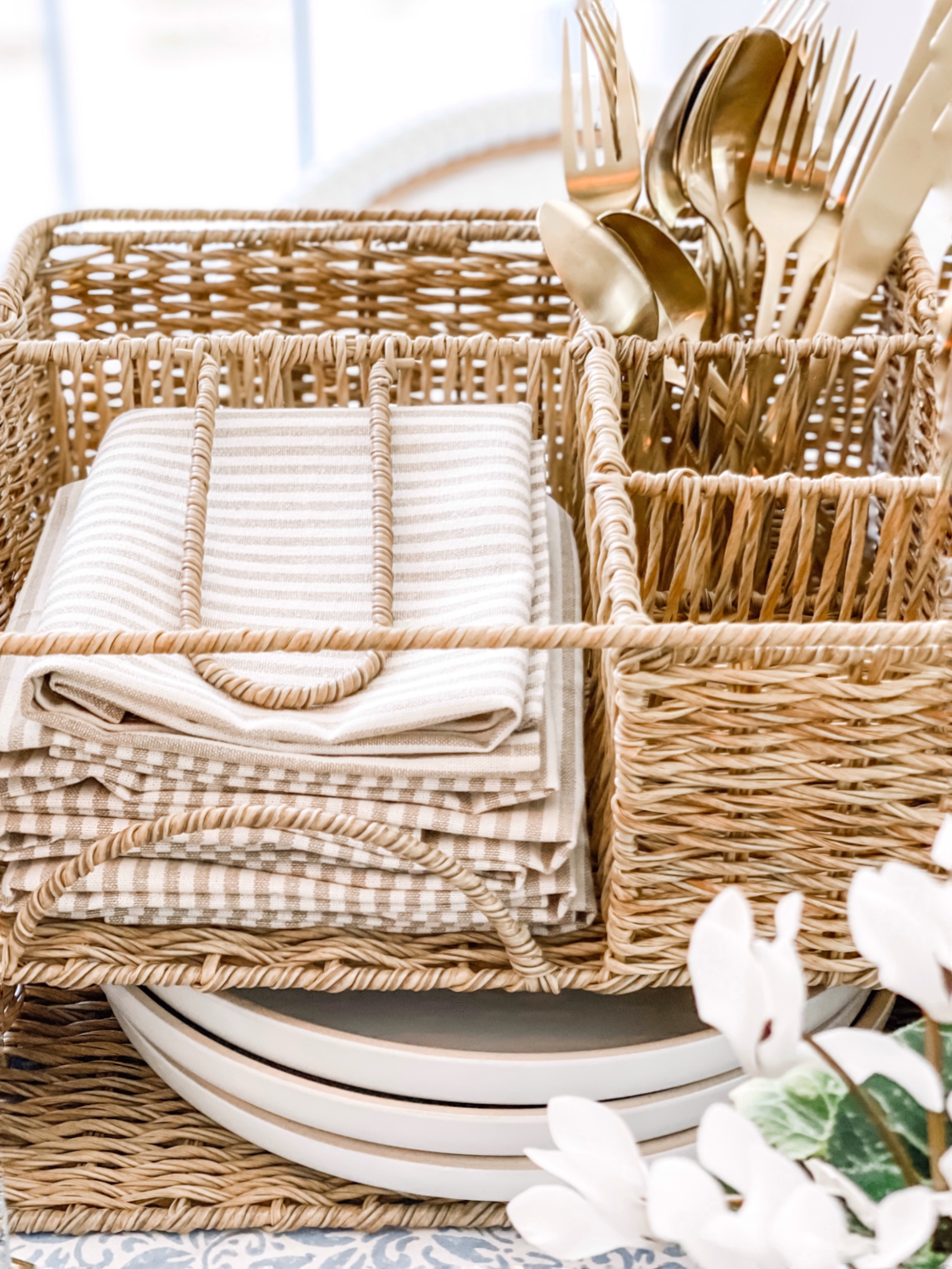 Mother's Day Brunch organization with resin rattan picnic caddy from Walmart.