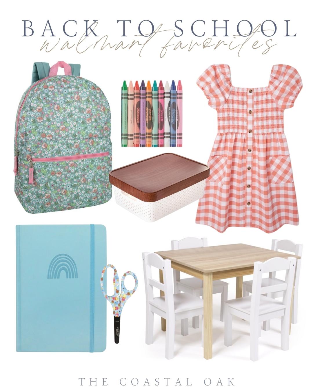 Girls back to school supplies with flower backpack, gingham dress, and kids table and chairs.