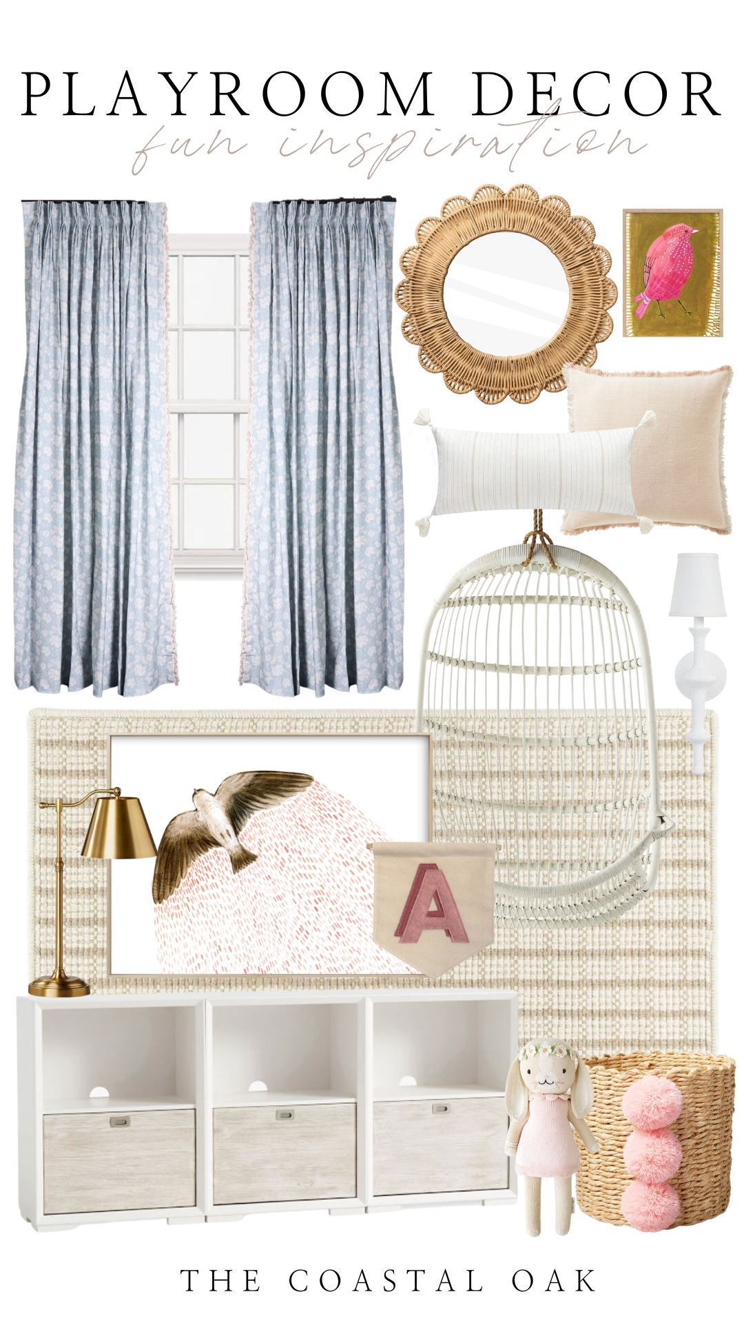 Playroom design with neutral rug, pink birds, blue curtains, and more.