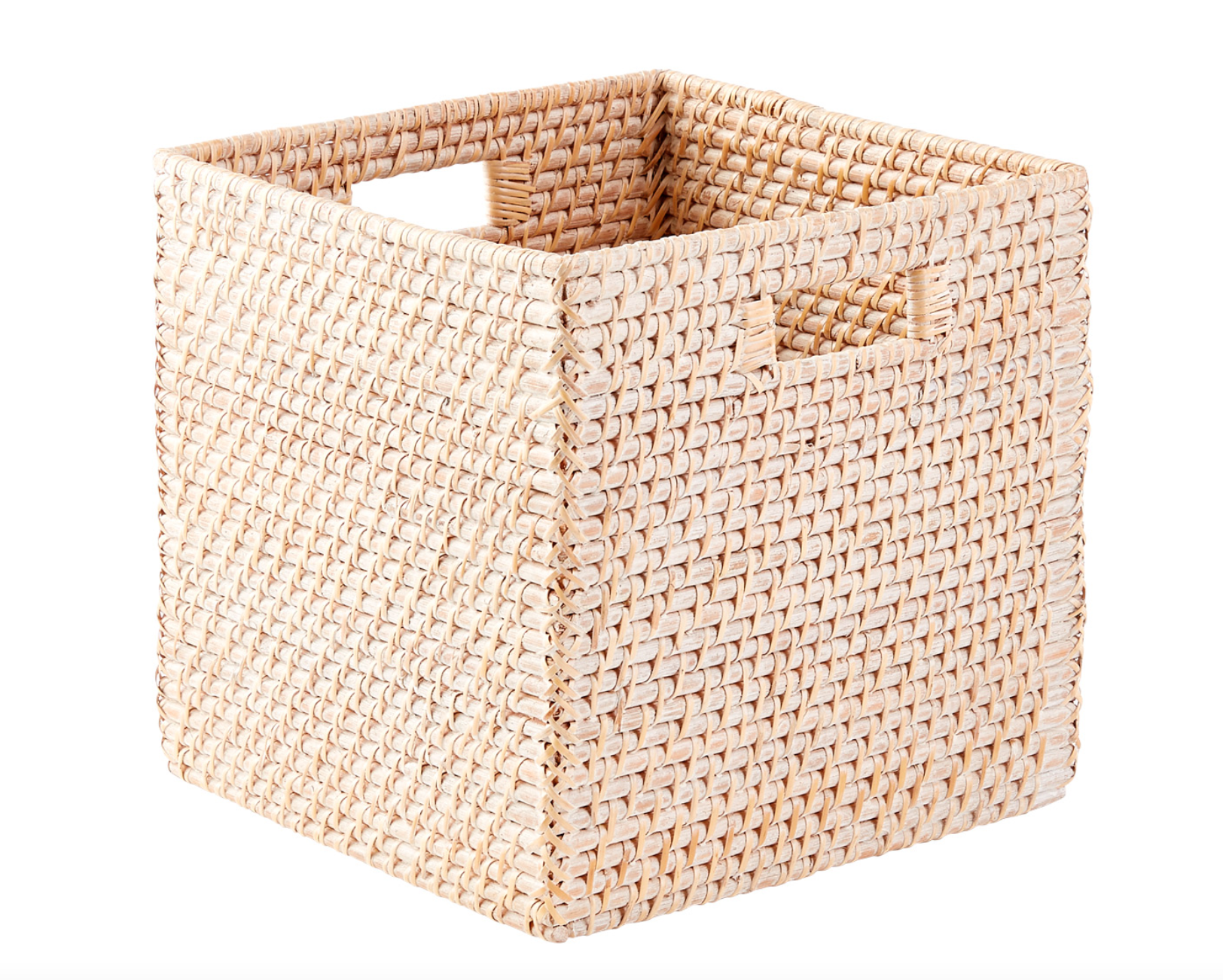 Rattan cube basket for playroom storage.