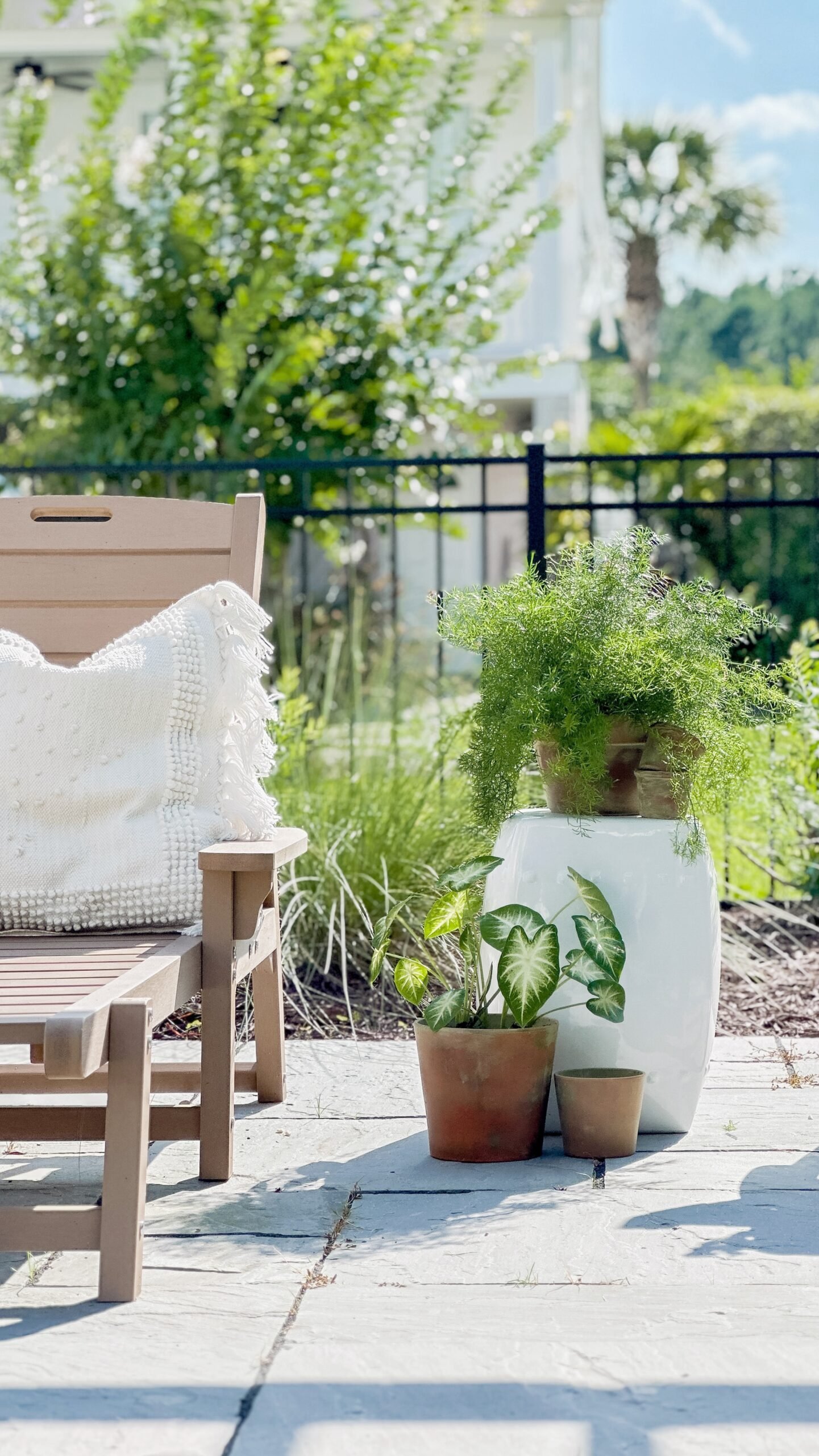Garden setting with fern in aged terracotta pot, flagstone, and patio furniture with white pillows.