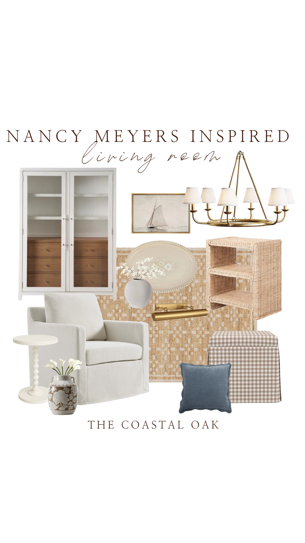 Nancy Meyers inspired mood boards for living room and cottage bedroom, featuring neutral and coastal design elements like wicker furniture, spindle bed, gingham textiles, brass lighting, and soft blue and beige tones by The Coastal Oak