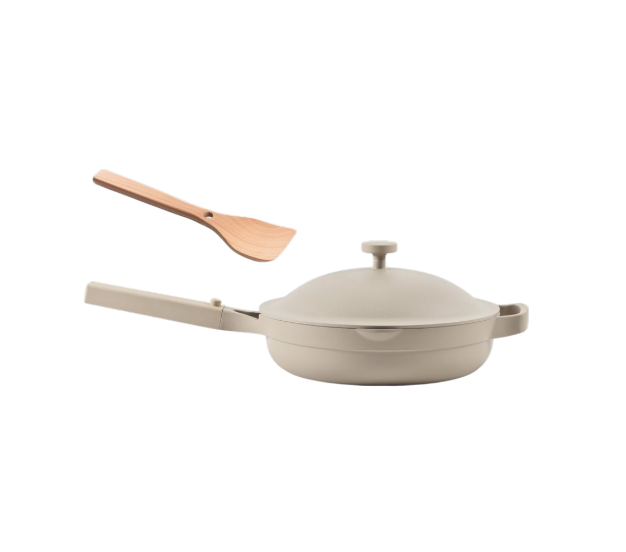 Our Place Always Pan 2.0 in Steam, a nonstick ceramic pan with matching lid and modular nesting design, perfect for everyday stovetop cooking.