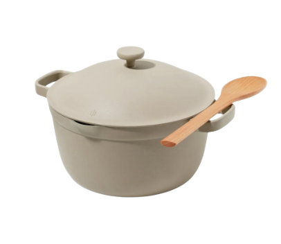 Our Place Perfect Pot in Steam color, a do-it-all pot with a straining lid, roasting rack, and ergonomic handles, designed for boiling, braising, baking, and more.
