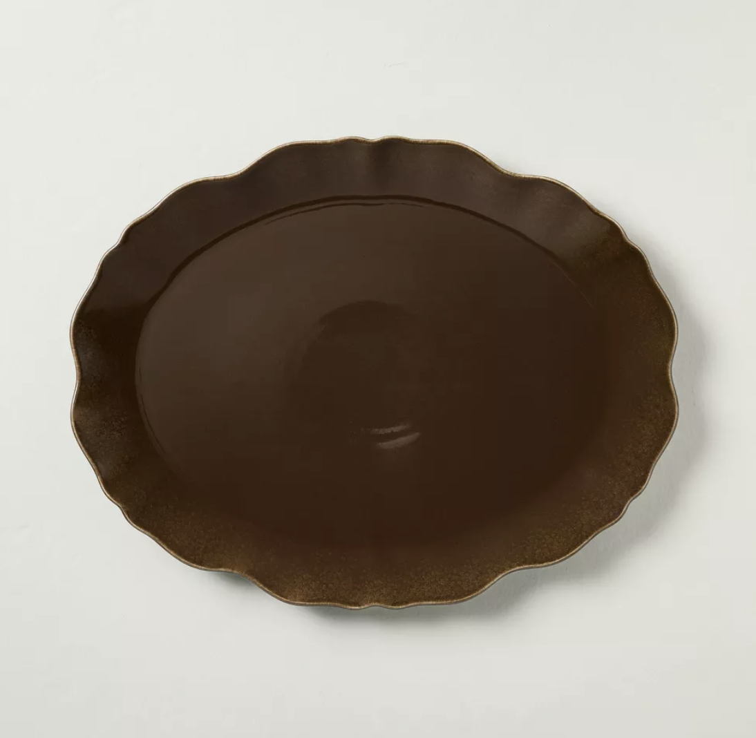 Brown ceramic oval serving platter
