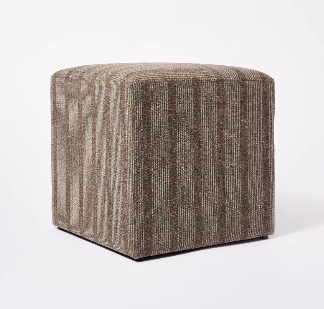 Brown pinstriped square upholstered ottoman
